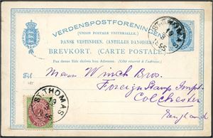 DWI. BK 4. 2 c stationary card upfranked with one 1 c bicoloured, cancelled "St. Thomas 19.3.1895" and sent to England.