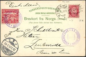 77,Spitsbergen E 10. 10 øre Posthorn on postcard, cancelled "Digermulen 15.7.03". One 10 øre red Spitsbergen-label at side with private stamps "S.S. Auguste Victoria Spitzbergen". Arrival cds from Germany.