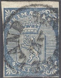 NK 1 4 skill. våpen C40, st. NORDLAND 13.7.1856.  Avst. stammer fra D/S PRINDS GUSTAV som passerte Nordland postktr. denne dagen. Tettklippet høyre marg. Attest Hans Enger.