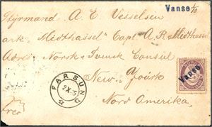 47. 25 øres porto til U.S.A. 25 øre 21 mm på konvolutt, anert med linjestempel "Vanse". Ved siden stemplet "Farsund 2.10.85". Ankomststempel på baksiden. Konvolutten er ørlite beskåret i høyre side.