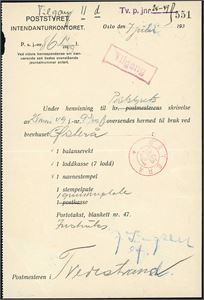 Utstyrsliste, fra Poststyrets Intendanturkontor, med KPH "Østerå" (AA, 9 pkt) i rødt.