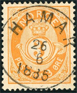 41. 3 øre 21 mm, vakkert fullstemplet "Hamar 26.6.1885".