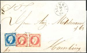 4,5. 20 skillings porto til Tyskland. 4 skilling- og to 8 skilling Oscar på brevomslag til Hamburg, stemplet "Arendal 20.11.1862". "Svinesund" og ankomststempel på baksiden.