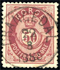 30. 50 øre skravert Posthorn, rettvendt stemplet "Drangedal 22.8.1885".