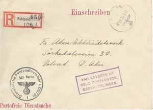 Brev.  Feltpostbrev Rek. St. Feltpost 459  20.3.41 til Akers Elektrisitetsverk, st. lilla "KAN LEVERES UT. OSLO POSTKONTOR, BREVAVDELINGEN." Bak Oslo Majorst. 22-3-41