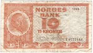 10 kroner 1969 Z.0775144 erstatningsseddel. Kv.1-/2