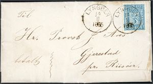 8. 4 skill på komplett brev, stemplet "Lyngøer 14.8.1865" og sendt til Gjerstad.