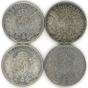 15 stk 2 kroner: 1908 (2), 1910, 12, 1913 (3), 1914 (4), 15 og 1917 (3). VK