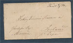 Brev med håndskrevet "TVEIT 4/9-74" til Iveland. Transittstempel "CHRISTIANSSAND ?-9-1874" bak