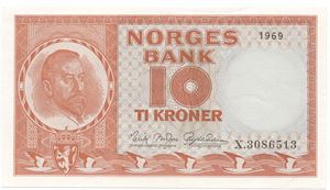 10 kroner 1969 X.3086513 erstatningsseddel. Kv.0/01