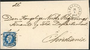 4. 4 skilling Oscar på brevomslag, rettvendt fullstemplet "Flekkefjord 28.4.1859" og ved siden stemplet samme sted og dato med det lille stempelet.