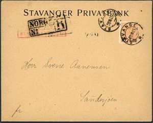 85/87. De tre Kroneprovisoriene 1905 på hver sin konvolutt, alle stemplet "Stavanger" og sendt rekommandert i 1905.