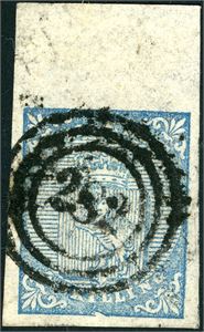 1. 4 skilling våpen 1855, anert med nummerstempel "282" (Stavanger, RO). Del av arkrand oppe, de øvrige gode til normale.