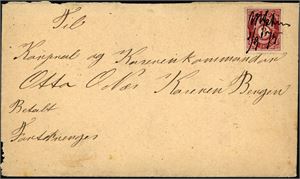 18. 3 skilling Posthorn på konvolutt, annullert med håndskrevet "Ulfsten 2/7 75" og sendt til Bergen.