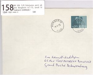 NK 696 1.20 Interjunex pent på brev Borgheim 4-1-73, sendt til Tyskland. UVANLIG !