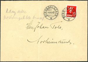 246. 20 øre Løve på konvolutt, stemplet "Ringedalsvatn 1.10.42".