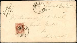 39. 20 øre brun på bankokonvolutt (Kr 50,-), stemplet "Omlid 13.2.1883" og sendt til Fredrikshald. Baksiden med "Tvedestrand 15.2.1883" samt 5 fine segl.