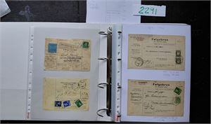 FØLGEBREV/ADRESSEKORT Stor samling 20-tallet til 1993 i ringperm. Masse forskjellige portosatser inkl oppkrav, ilpakke, medisinpakke, verdi, nød ++. Bør blas i!