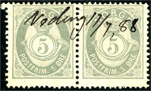 52 I. 5 øre 20 mm i horisontalt par,anert med håndskrevet "Veding 13.12.1887". Svake bretter sees ikke fra forsiden.