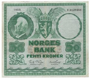 50 kroner 1958 Z.0129466. Erstatningsseddel. R-seddel. Kv.1/1+