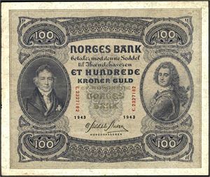 100 kr 1943, serie C.2327182. 2