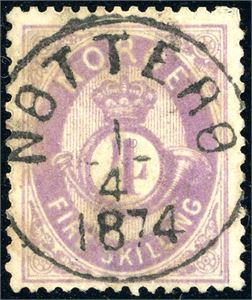 19 I. 4 skilling Posthorn, rettvendt fullstemplet "Nøtterø 1.4.1874".