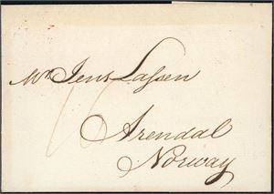 Brevomslag sendt i fra England til Arendal, stemplet "Foreign Office 128-1805" i rødt på baksiden samt påskriftene "4-12" og "23 July".