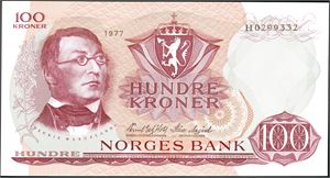 100 kroner 1977, serie H 0299332. 0