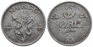 5 øre 1945 Haakon VII. Kv.1+