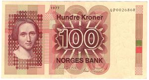 100 kroner 1977 QP. Erstatningsseddel. Sort årstall. Kv.01