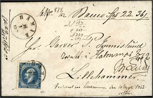 4. 4 skilling Oscar på bankokonvolutt (Spd 22, 36/-), stemplet "Hamar 16.1.1862". Baksiden med fem segl, hvorav to fra Hamar Postkontoir. Omslaget med noen mindre påskrifter.