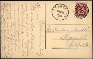 100. 10 øre Posthorn på postkort, annullert med 4-rings "184" (Glitterheim, Lom, OP) og ved siden "Bøverdalen 11.8.19".