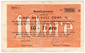 10 øre Kings Bay Kull Komp. a/s. 1958/59. RR-Seddel. Kv.1-