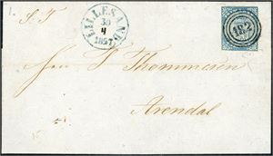 1. 4 skilling våpen 1855 på brevomslag, anert med trerings "182" og ved siden stemplet "Lillesand 30.4.1857". Merket er nær uten marger.