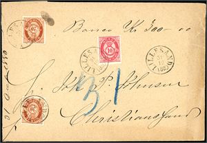 25 I,27. 50 øres innenlandsporto. 10 øre- og to 20 øre skravert posthorn på bankokonvolutt (kr 300,-), stemplet "Lillesand 31.12.1880".