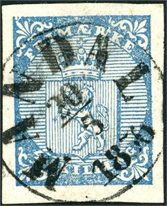 1. 4 skilling våpem 1855, pent stemplet "Mandal 20.5.1856". Meget gode marger.