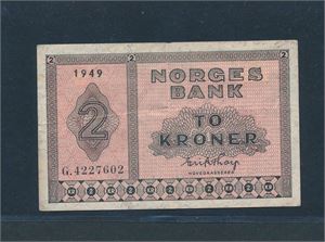 PENGESEDDEL 2 kroner 1949, brukt med synlige bretter