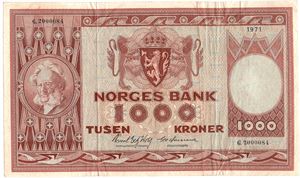 1000 kroner 1971 G.2000084 erstatningsseddel. Kv.1