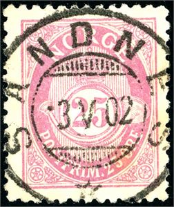 70. 25 øre grovtagget, vakkert fullstemplet "Sandnes 3.5.02".