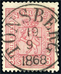 15 a. 8 skill 8 i rosa farge, rettvendt fullstemplet "Tønsberg 19.9.1868".