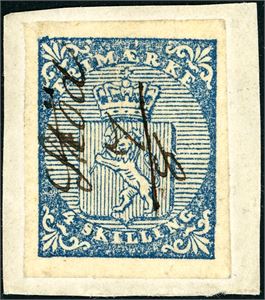 1. 4 skilling våpen 1855 på lite brevstykke, anert med håndskrevet navn "Stöd 7/8". Merket med meget gode marger. Attest Aune.