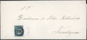 1. 4 skilling våpen 1855 på brevomslag, anert med nummerstempel "202" (NT, 8 pkt) og sendt til Trondhjem. Baksiden med håndskrevet " Merager 24/9 56" og "Stød 28/9". Merket med to gode- og to normale til smale marger.