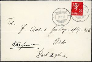 246. 20 øre Løve på konvolutt, annullert med hjelpestempel "Aldra 22.2.41" (NO).