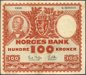100 kr 1958, serie G.3216314. 1/1-