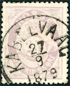 28. 25 øre skravert Posthorn, stemplet "Kabelvaag 27.9.1879".