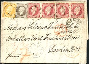 2,3,5. 37 skillings porto til England. 2 skilling-, 3 skilling-, og fire 8 skilling Oscar på brevomslag til London, stemplet "Mandal 5.2.1862". Ved siden stemplet  "Svinesund " , "Hamburg" og "London Fe 17 62". "KDOPA Hamburg" stemplet på baksiden.