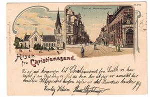 HILSEN FRA CHRISTIANSSAND (V. Simonsen). Udelt bakside, sendt til Danmark 1910.