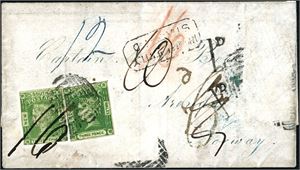 67. N.S.W. Two copies of 3 p on cover to Arendal, Norway in 1856, cancelled with grid. A number of manuscripts and cancellations on front and reverse. At least three stamps are missing, but this may have happend prior to arrival in Norway and may explain the manuscript "61" on reverse.