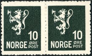 141. 10 øre Løve II. Forfalskning i mørk farge i horisontalt par.
