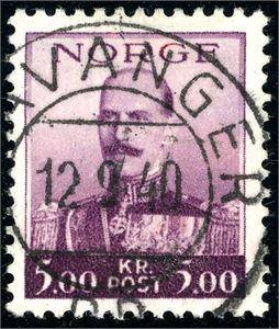 216. 5 kr Haakon 1938, rettvendt stemplet "Stavanger 12.9.40".